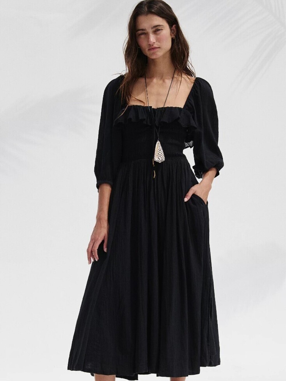 Free People Black Oasis Ruffle Smocked Square Neck Midi Dress - Size - Medium